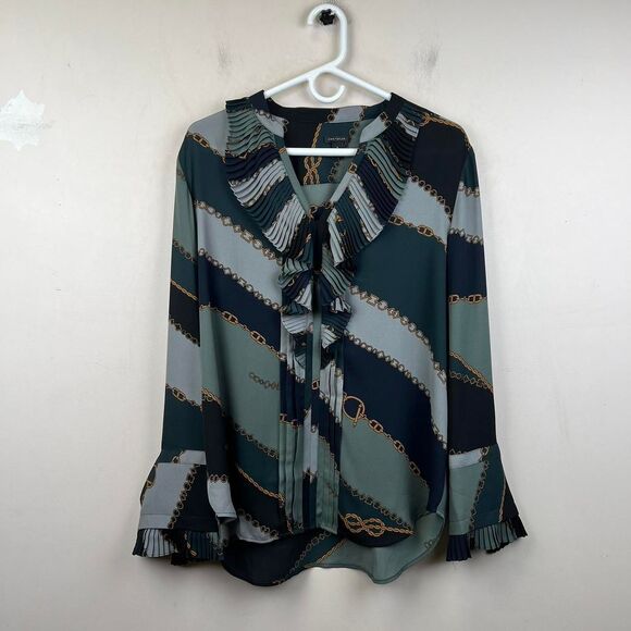 Ann Taylor blue and green chain print blouse with ruffles and buttons Size M - Picture 1 of 7
